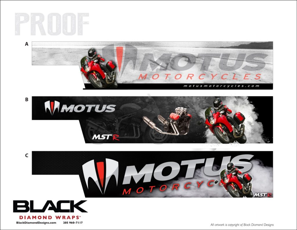 Motus trailer wrap design proof showing three concept options A, B and C