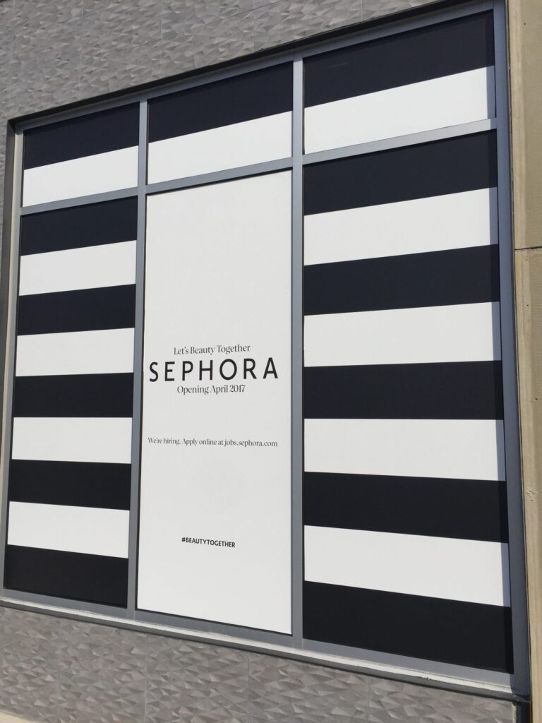 Sephora opening April 2017 announcement on professionally installed commercial storefront window graphics in Atlanta.