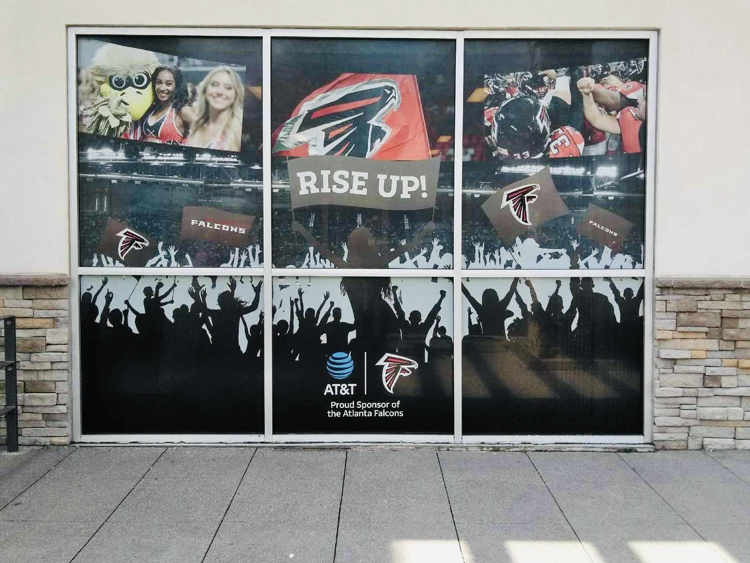 Atlanta Falcons AT&T RISE UP branded storefront window graphics 2017
