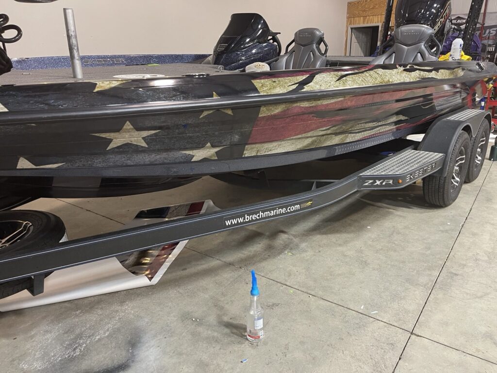 Skeeter hull with weathered American flag-style graphics