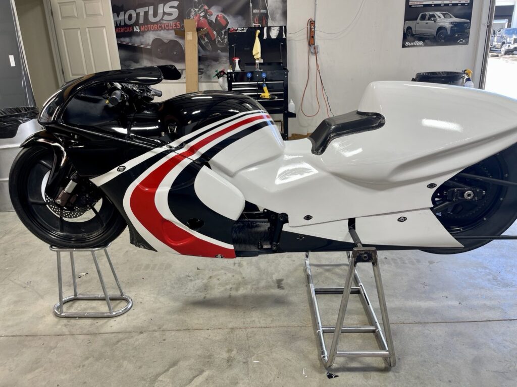 Full side profile of the finished WAR Motorsports drag racing motorcycle graphics
