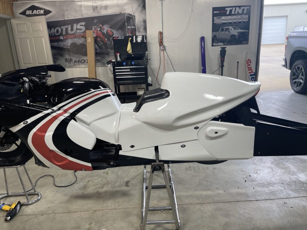 WAR Motorsports racing motorcycle in our former shop in Alabaster during the graphics project
