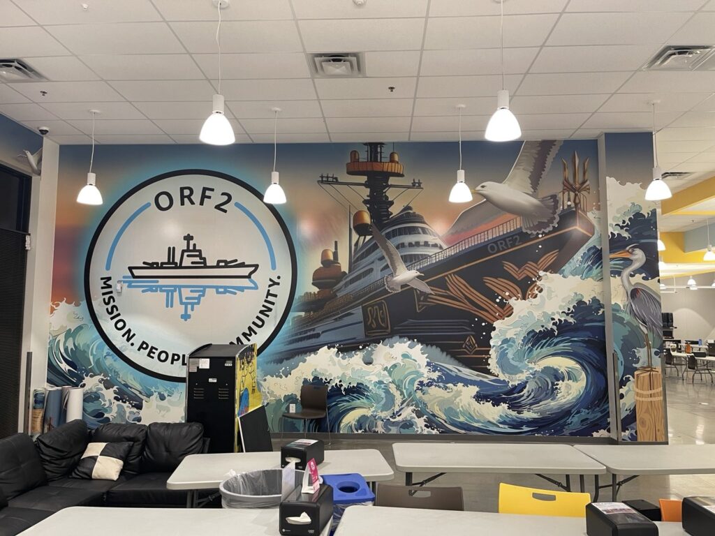 Chesapeake VA wall graphics: wide view of the completed ORF2 interior wall wrap at Amazon