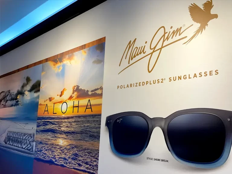 Maui Jim sunglasses mural with ocean imagery and Aloha lettering