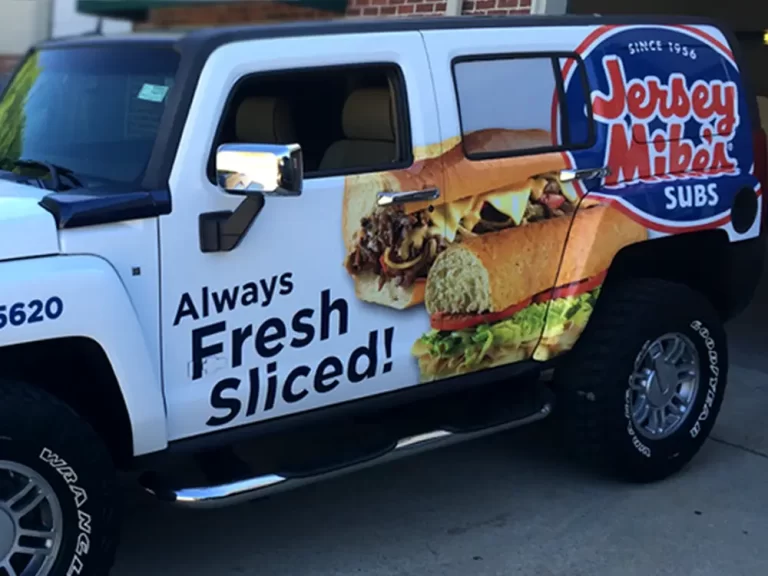 Jersey Mike’s Subs sandwich graphics on a white SUV