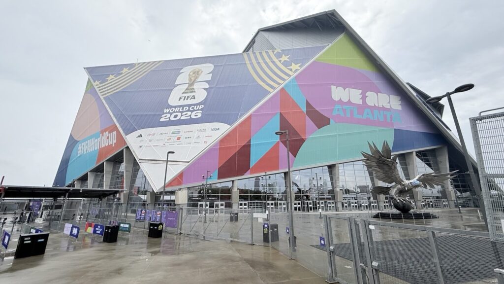 Mercedes-Benz Stadium exterior with FIFA World Cup 2026 banners, shown for context