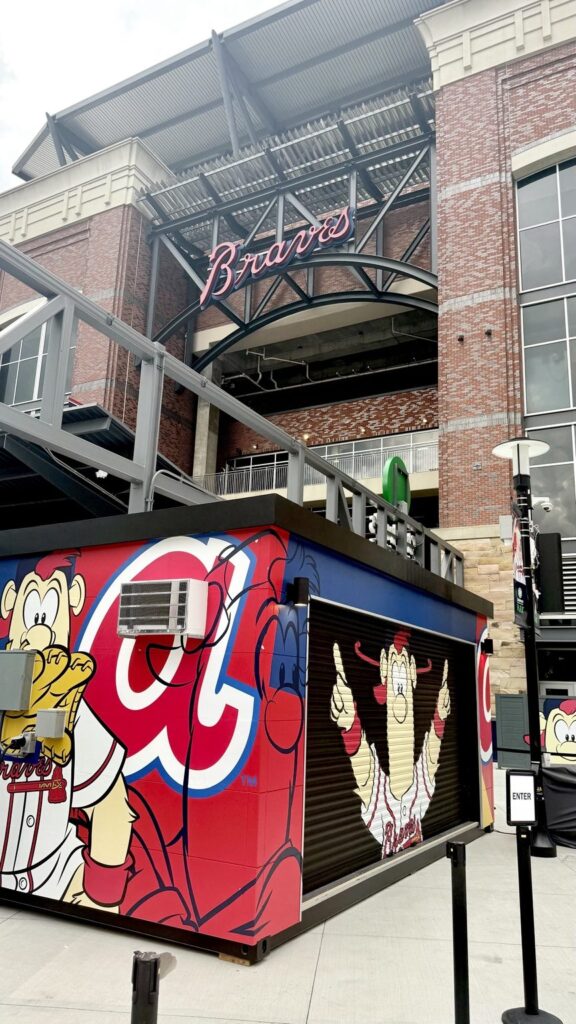 Atlanta Braves Blooper's Clubhouse store wrap graphics installation at Truist Park in Atlanta, Georgia.